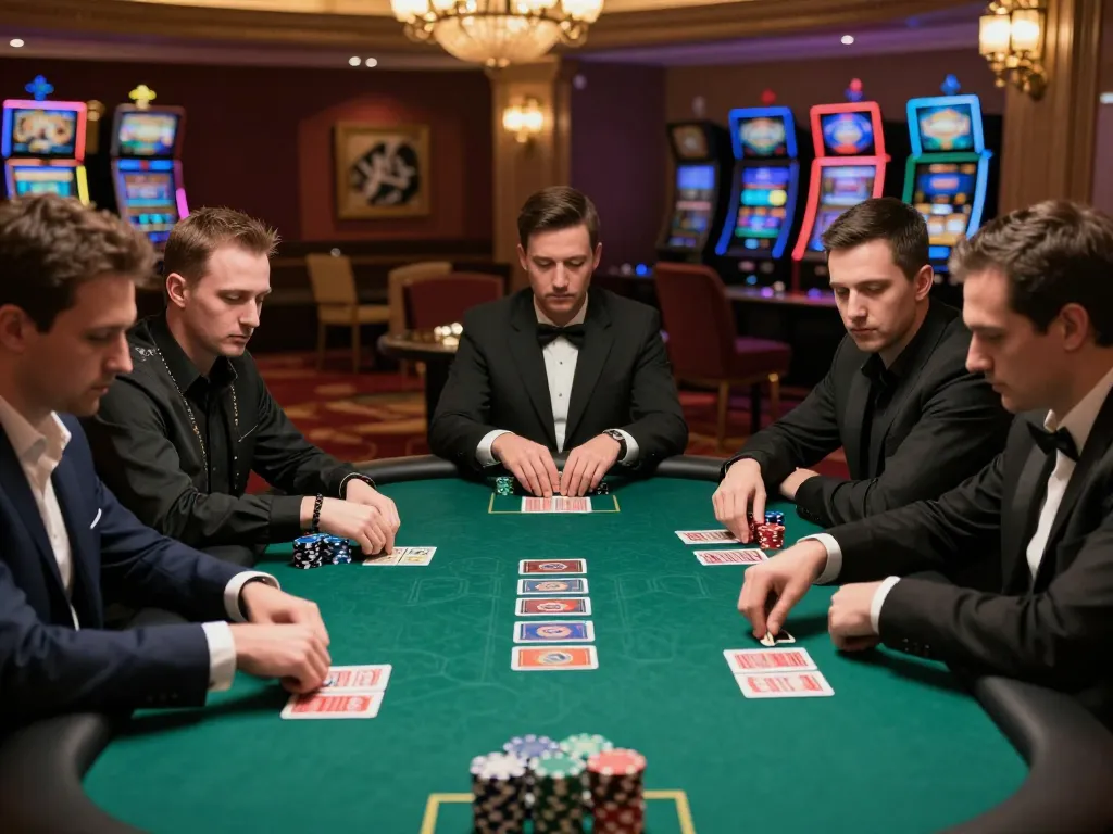 Players strategizing at a professional poker table in a deluxe casino, embodying high-stakes Lô Đề action.