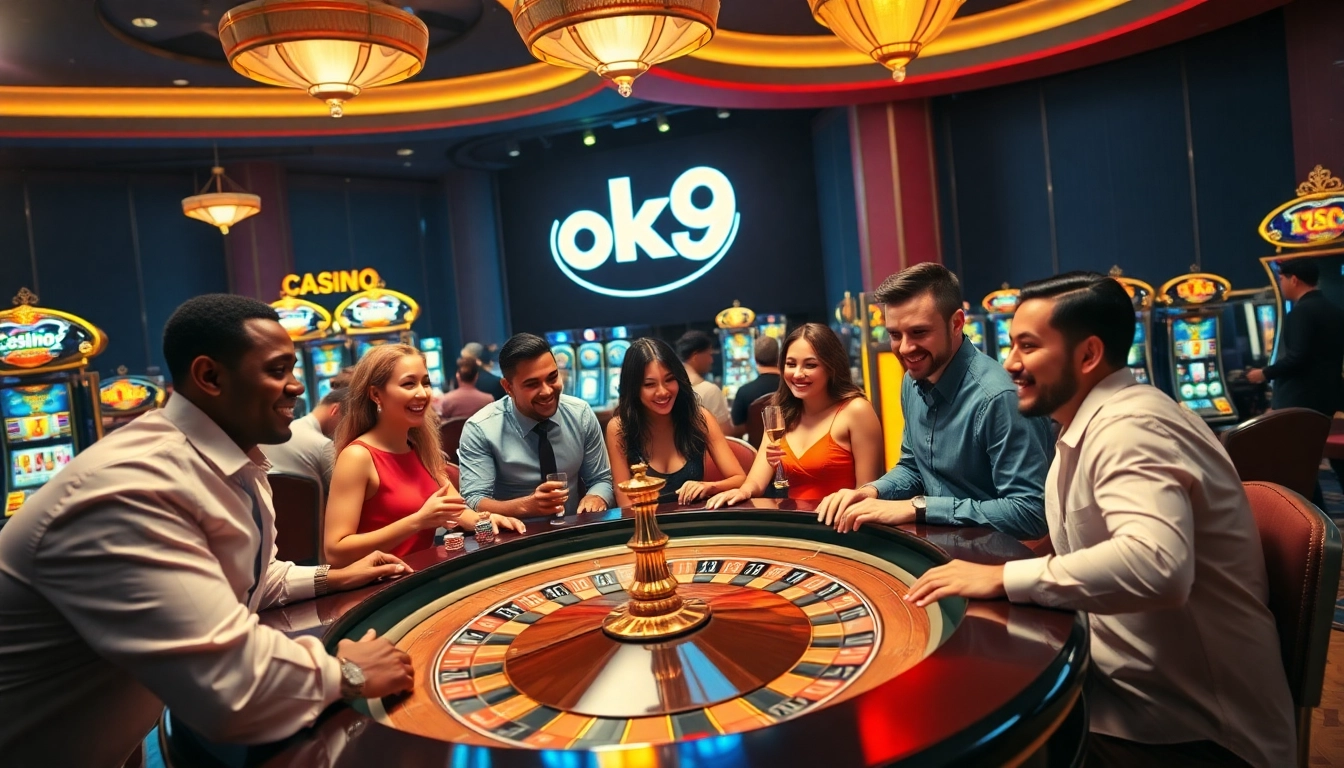 Exciting gambling scene at ok9 with players winning at roulette and immersive slot machines.