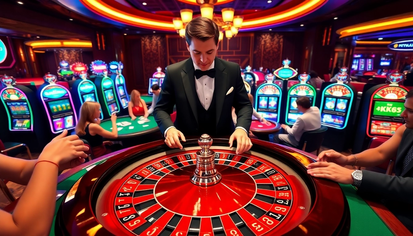 Experience the thrill of gambling at KK55 with players engaged around a busy casino table.