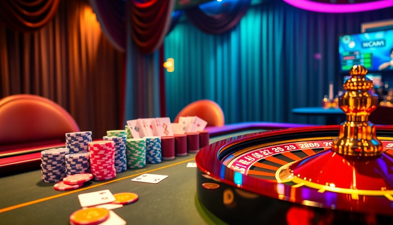 KQBD casino scene showcasing vibrant poker chips and a roulette wheel, highlighting the thrill of gambling.