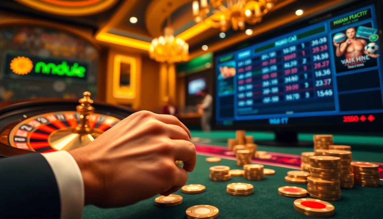 Kèo Nhà Cái betting scene with roulette wheel and vibrant poker chips in a luxurious casino.