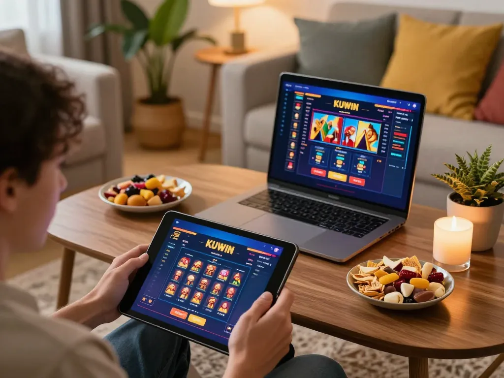 Engaged player exploring KUWIN casino games on a tablet in a cozy home setup.