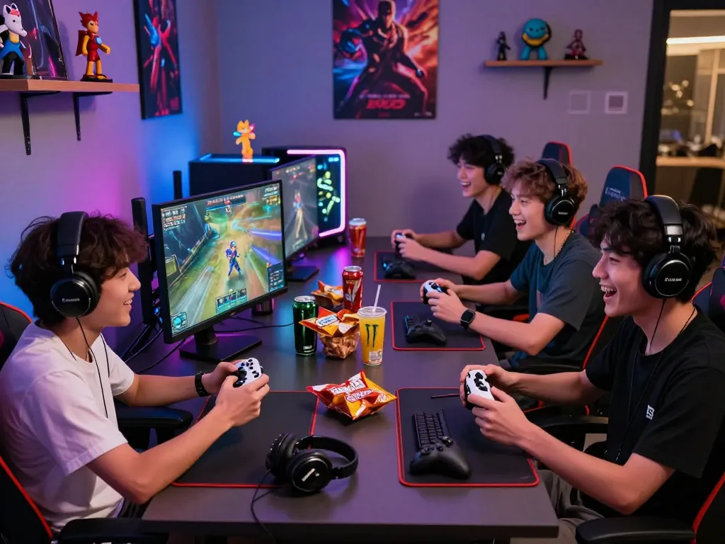 Friends enjoying a gaming session together while using link 1gom to access gaming content, surrounded by colorful LED lights and snacks.