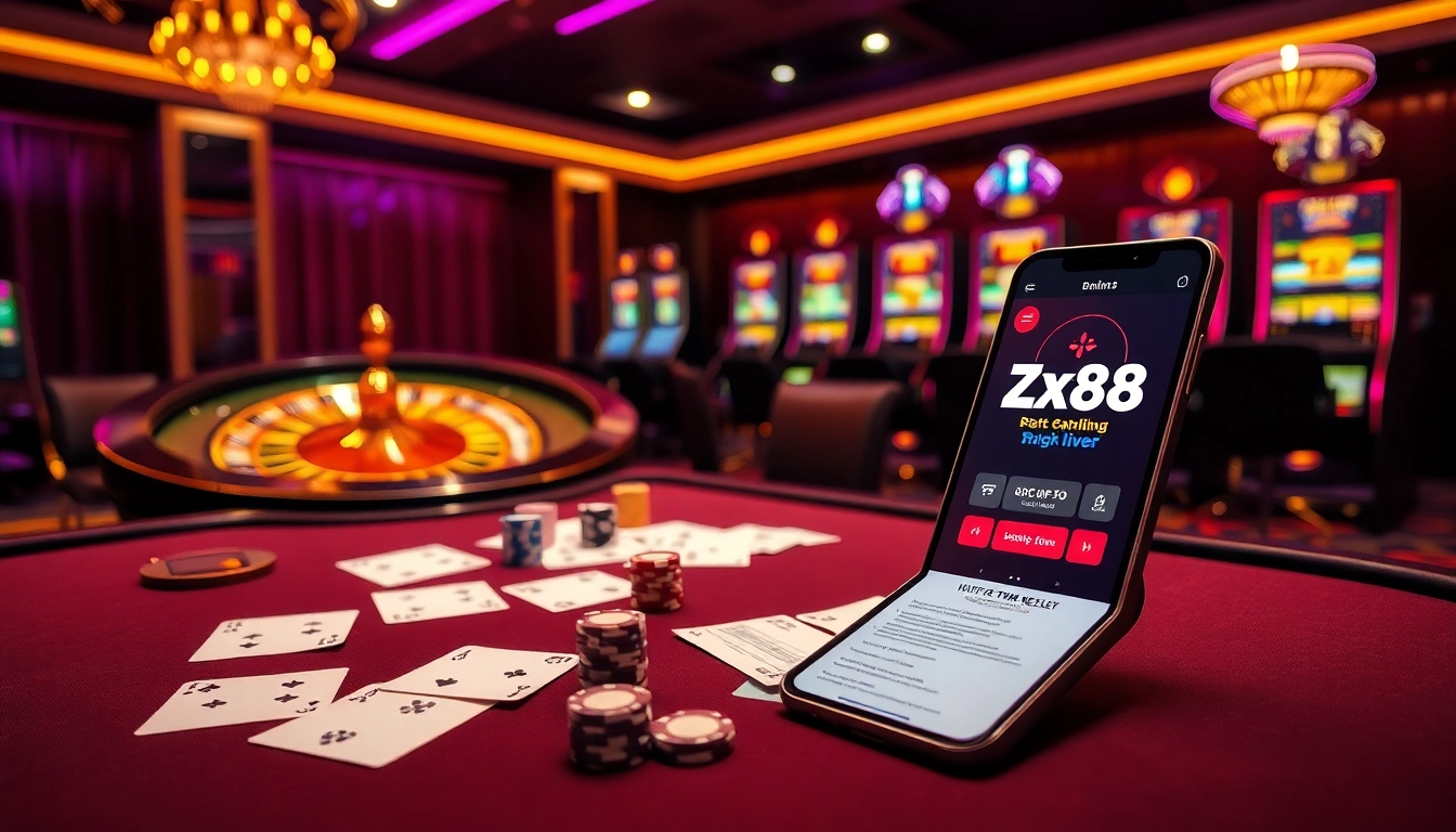 Explore thrilling gambling action at https://zx88.live/ featuring glamorous casino elements like poker chips, cards, and vibrant slot machines.