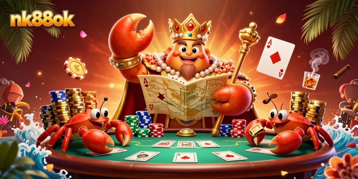 Experience exciting poker action with nk88ok's vibrant crab emperor-themed casino illustration.