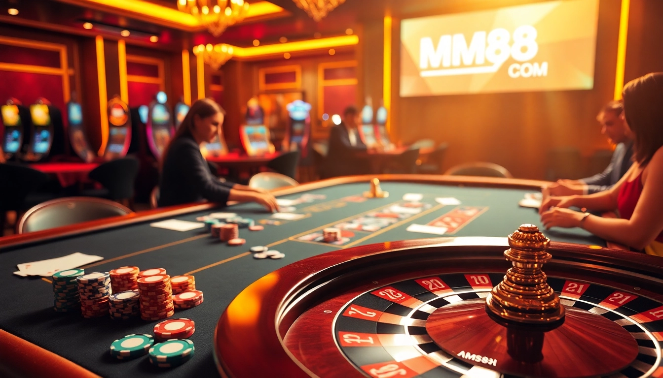 Experience thrilling gameplay at MM88 COM with colorful casino chips and an intense poker match.