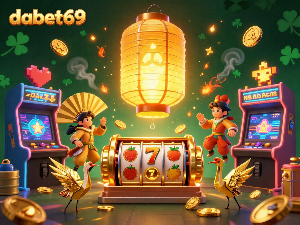 dabet69 brings vibrant casino excitement to life with a golden lantern spirit and slot reels in a colorful scene.