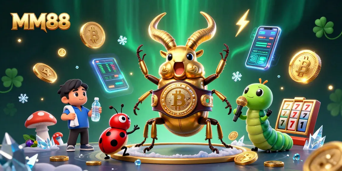 Bet on MM88 with a bold golden stag beetle, rich casino elements, and vibrant visual detail.