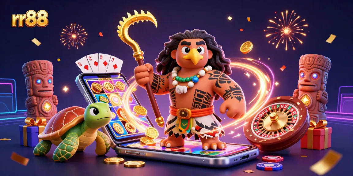 Engage with thrilling rr88 casino games through this vibrant digital illustration featuring exciting gaming elements.