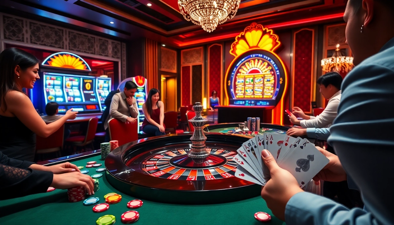 Players enjoying intense gambling action at thabet88 casino with vibrant roulette and poker.
