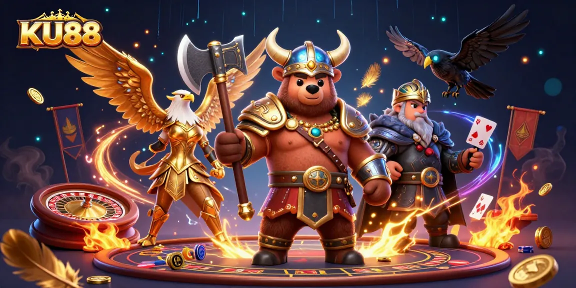 Experience thrilling action at KU88 Casino with a dynamic Viking scene in an engaging 3D illustration.