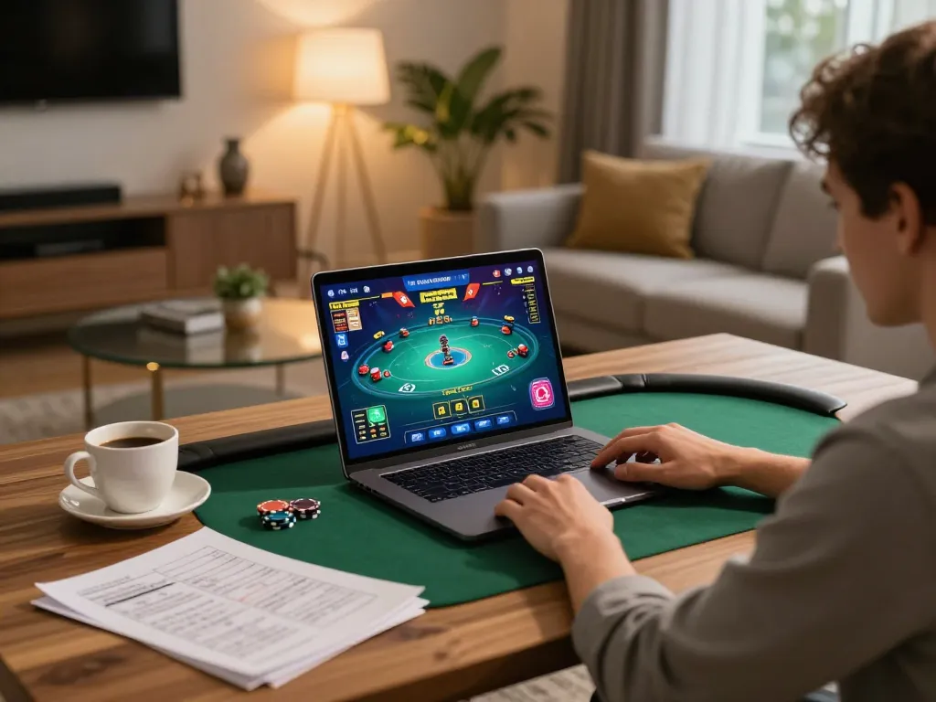 Person enjoying online gaming on Tg88.com, showing poker interface and strategy notes