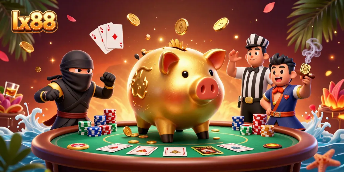 Engage in dynamic gaming action with lx88, featuring a golden piggy bank sumo wrestler and lively gaming elements.