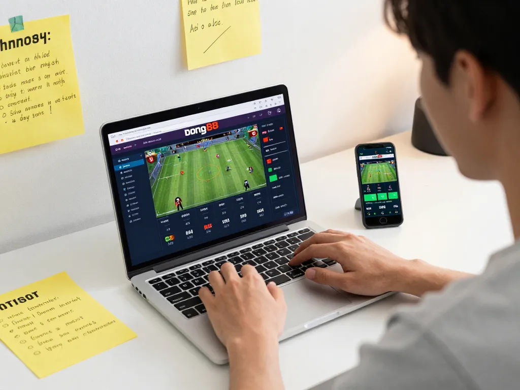 Engaging player using bong88 betting app on laptop with strategic notes on desk.