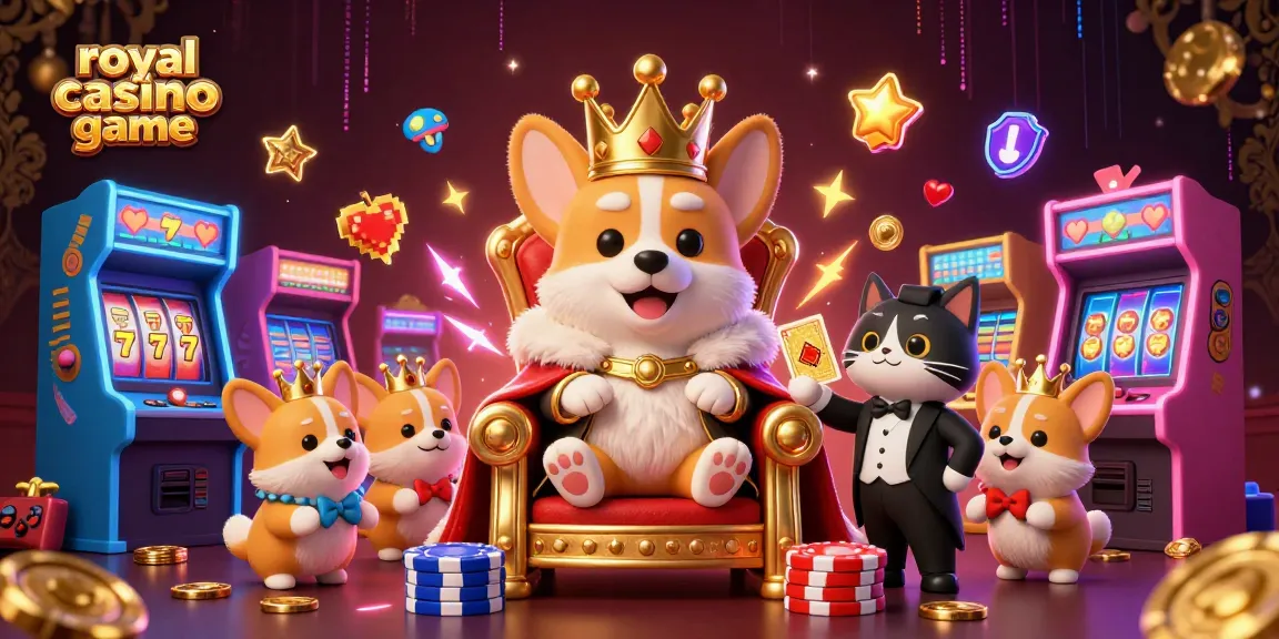 Engage in the royal casino game with vibrant slots, poker action, and a regal corgi theme.