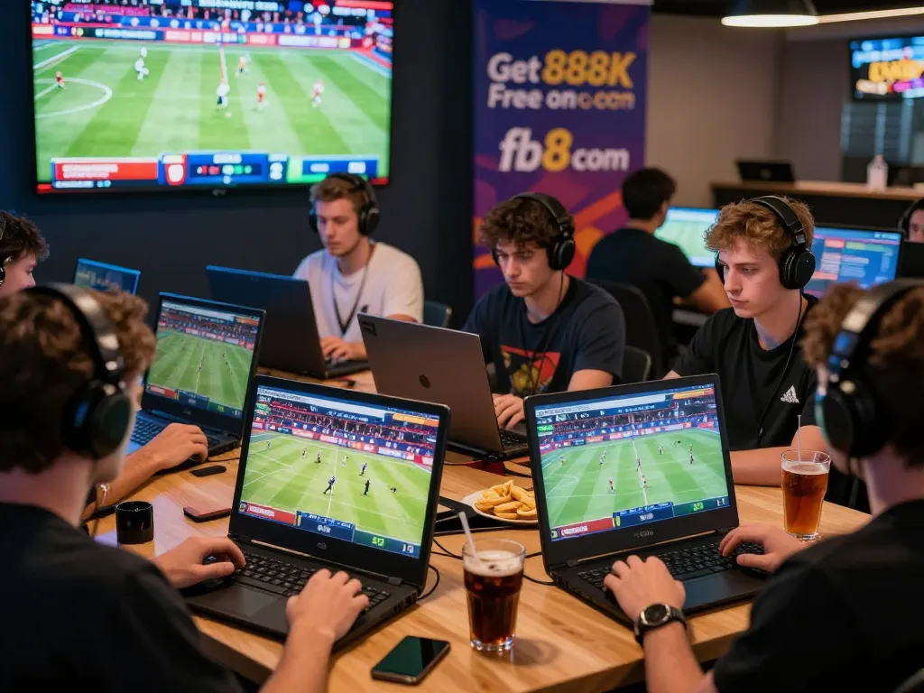 Diverse players engaging on betting platforms at the fb88 com gaming lounge, surrounded by sports events and promotional banners.