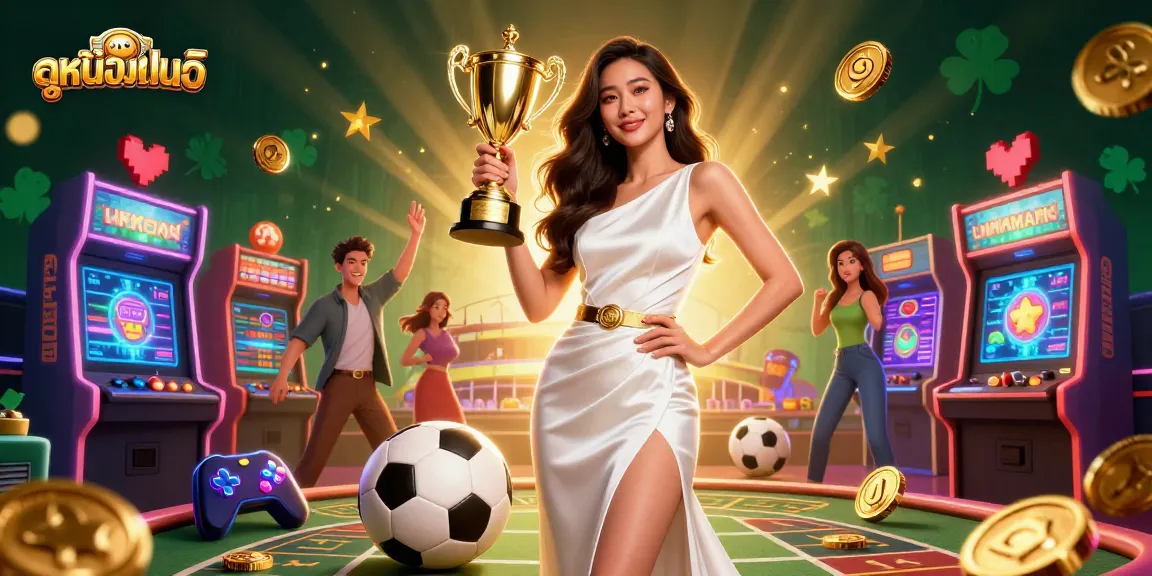 Win big with ดูหนังออนไลน์ in a vibrant 3D casino setup featuring a trophy and gaming elements.