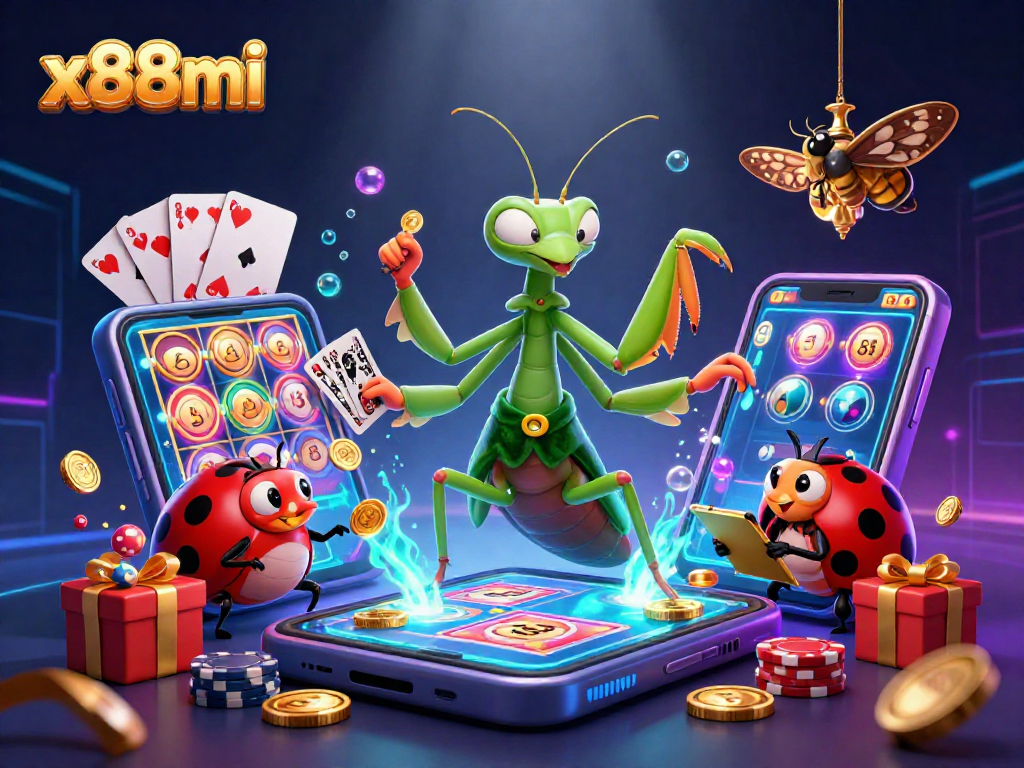 x88mi showcases a vibrant scene of animated casino characters dealing cards and managing games.
