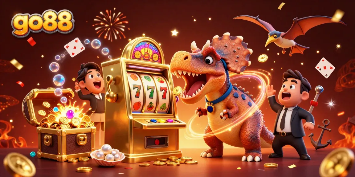 Experience thrilling wins at go88 with a cartoon dinosaur jackpot scene featuring golden coins and slot machines.