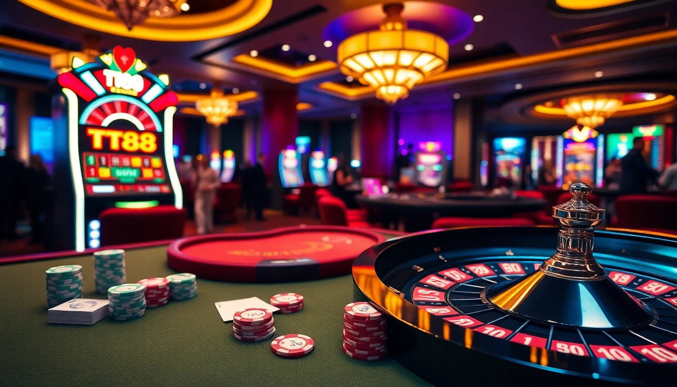 Experience the thrill of TT88 at a luxurious casino with vibrant gaming scenes.