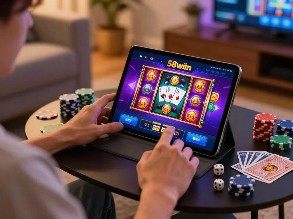 A player engaging with the 58wiin casino app on a tablet at home, showcasing a strategic gaming environment.