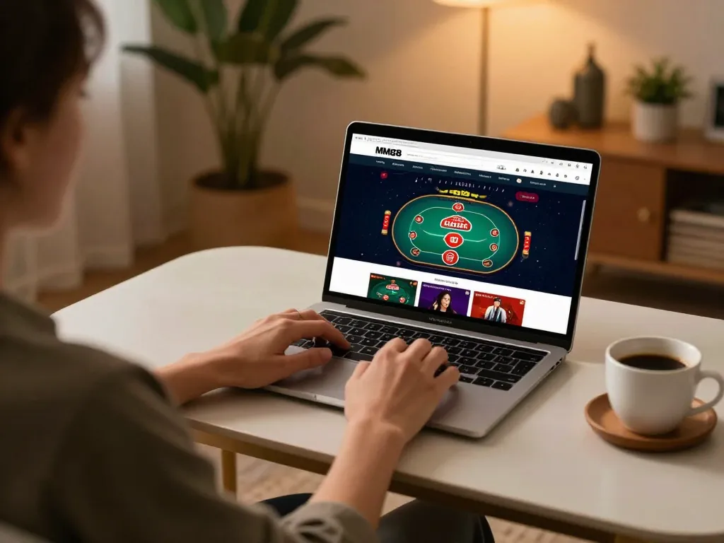 Player engaging in online gaming on MM88 platform, showcasing poker strategy in a cozy home setting.