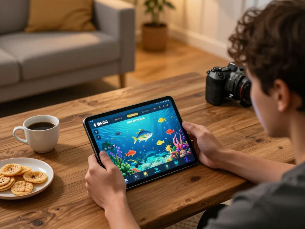 Bắn Cá Đổi Thưởng gameplay on tablet in cozy living room with snacks and coffee.