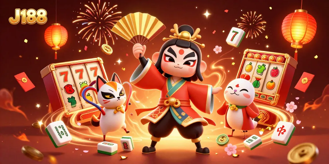 Engage with J188's vibrant casino adventure featuring kabuki warriors and celebrating with lucky slots.