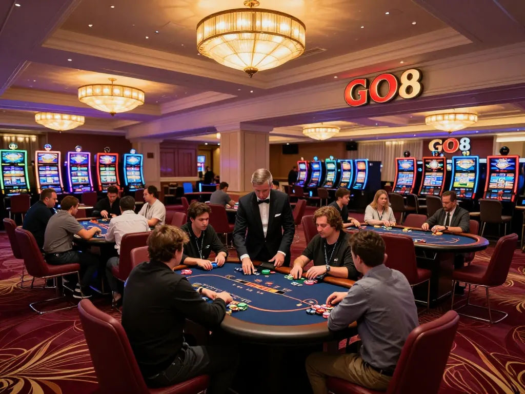 GO8 logo shines in upscale casino as players engage at poker tables amidst luxurious ambiance.