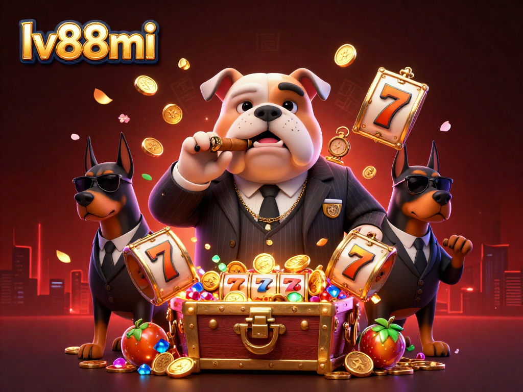 Experience exciting gameplay with lv88mi as a cartoon mafia boss and bodyguard Dobermans amidst slot reels and treasures.