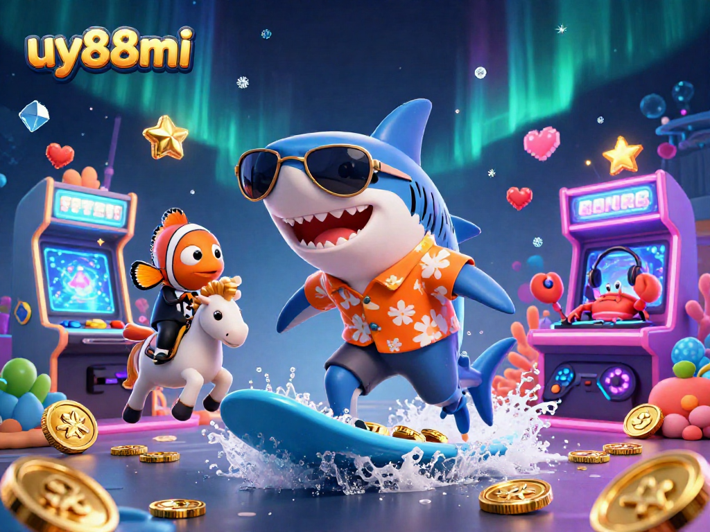 Experience the thrill of winning with uy88mi's vibrant gambling scene featuring a playful shark!