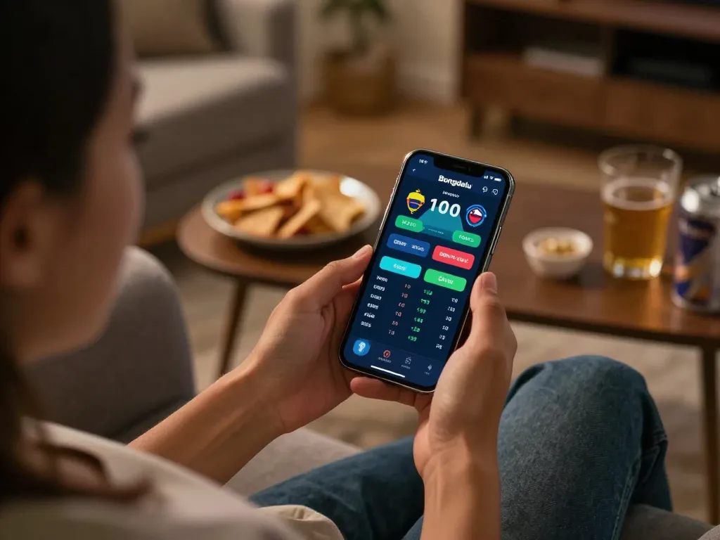 Bongdalu app displayed on smartphone for live sports betting, in a cozy home setting.