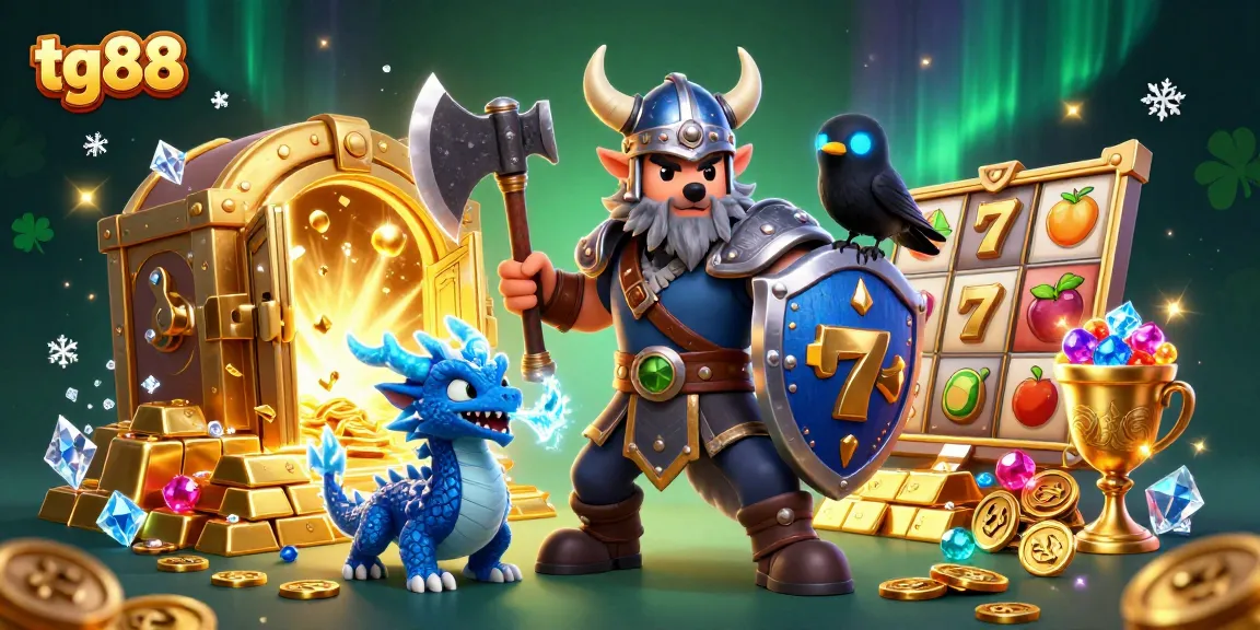 Tg88's thrilling online casino event showcases a Viking warrior, dragon, and sparkling treasures.