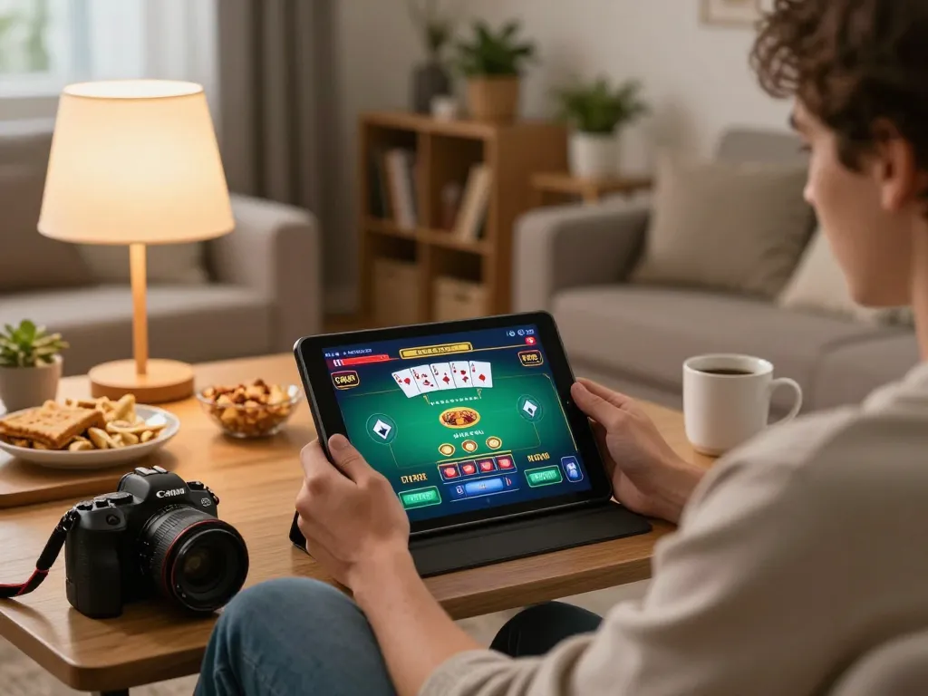 Playing poker online at home with okking on a tablet, showcasing vibrant gameplay and cozy ambiance.