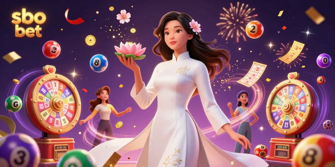 Sbo bet platform features a graceful Asian woman in ao dai, surrounded by dynamic lottery elements.