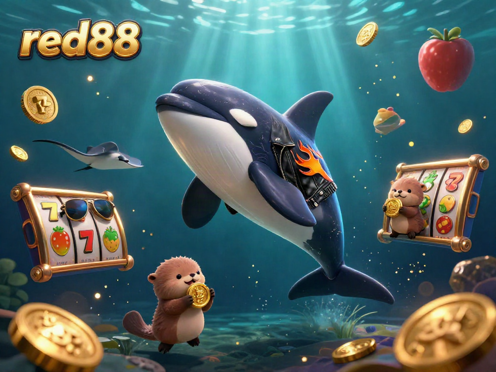 Experience thrilling gameplay at red88 with a dynamic casino scene featuring cartoon characters and slot elements.