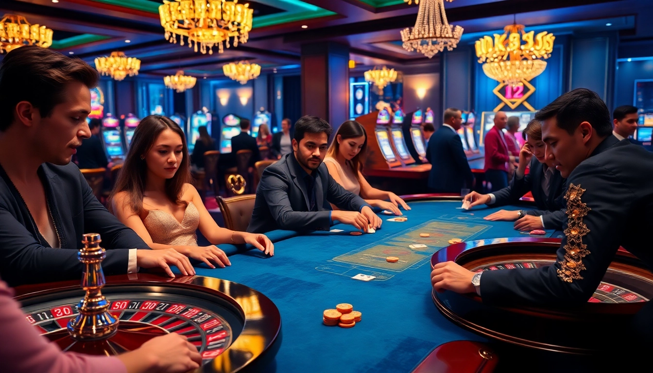 Engaged players around an elegant poker table exude thrill in the luxury of OK 365 casino.