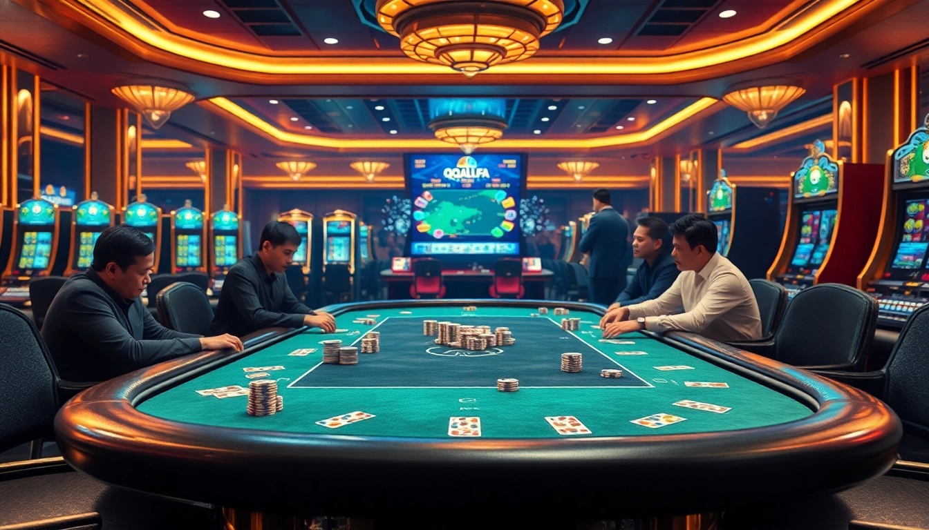 Players engaging in a thrilling poker game at QQALFA's luxurious casino, featuring vibrant chips and cards.