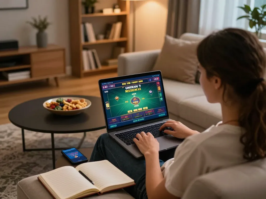 Engaging in debet online casino gaming, showcasing a lively setup with a player and digital interface.
