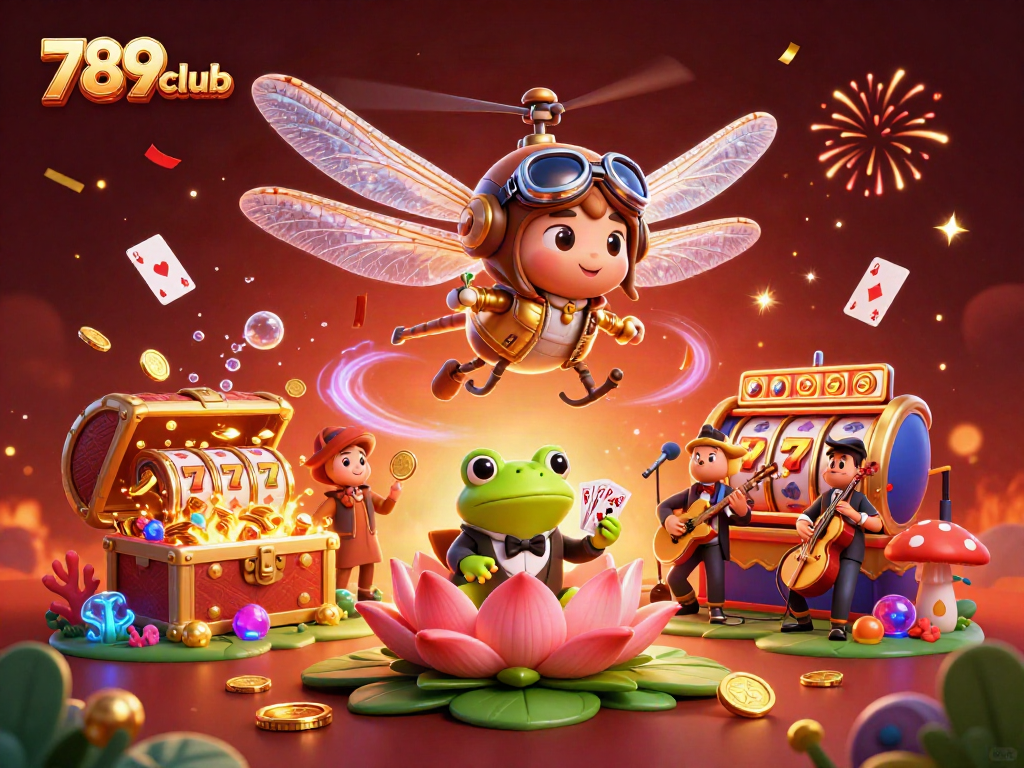 Entertain with engaging games at 789club, featuring vibrant casino elements and animated characters.