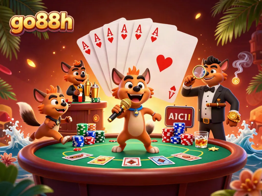 Experience vibrant gameplay at go88h in this lively casino scene featuring hyenas.