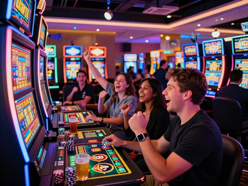 Players enjoying Lucky88 slot machine at a lively casino, capturing the excitement of gaming.