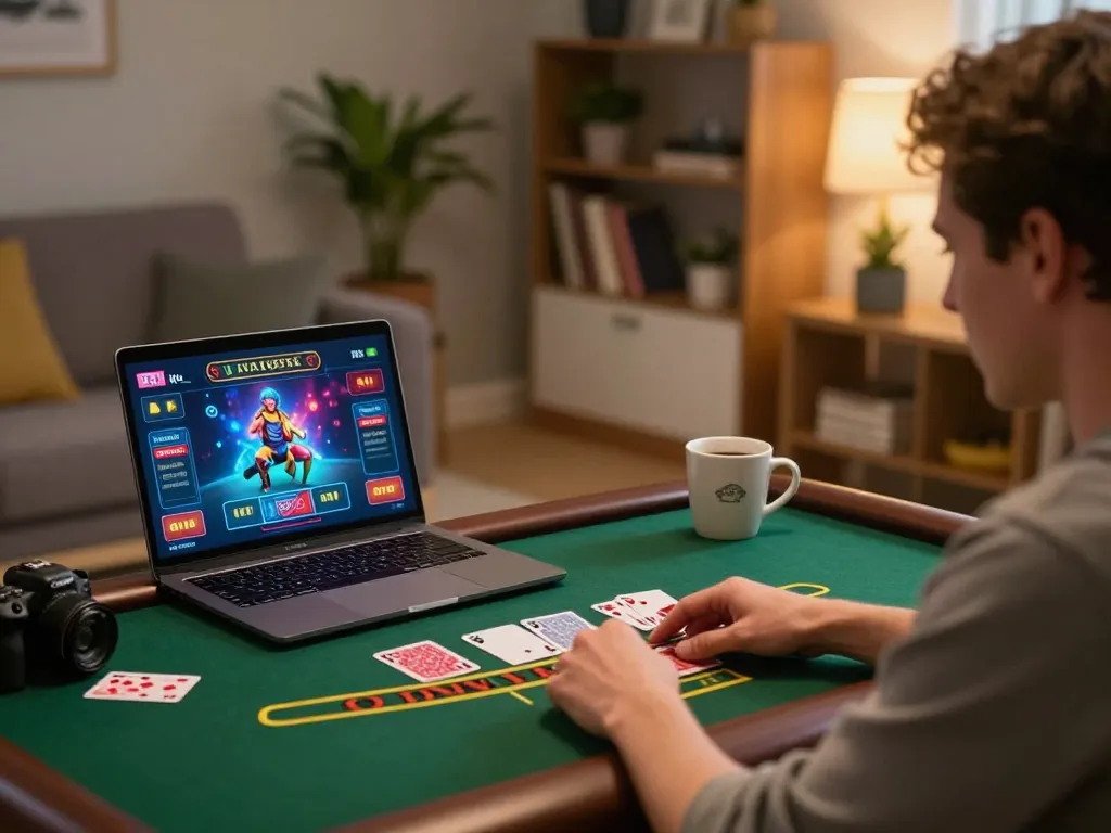 Engaging in exciting blackjack gameplay on go88 with warm home lighting and cozy decor.