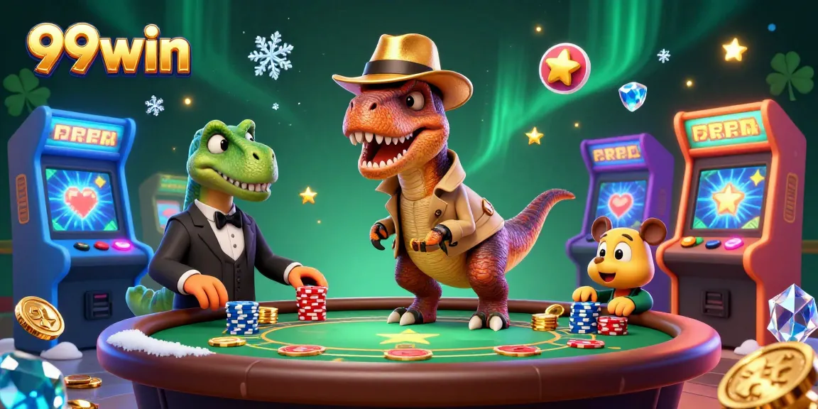 Engage in thrilling gaming with 99win's vibrant casino scene featuring energetic characters.