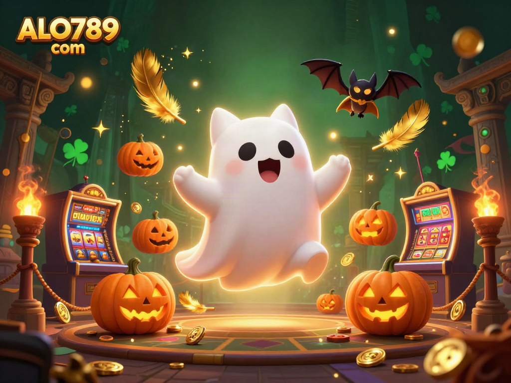 Play and win at ALO789 com with a playful ghost cat and vibrant casino theme illustration.