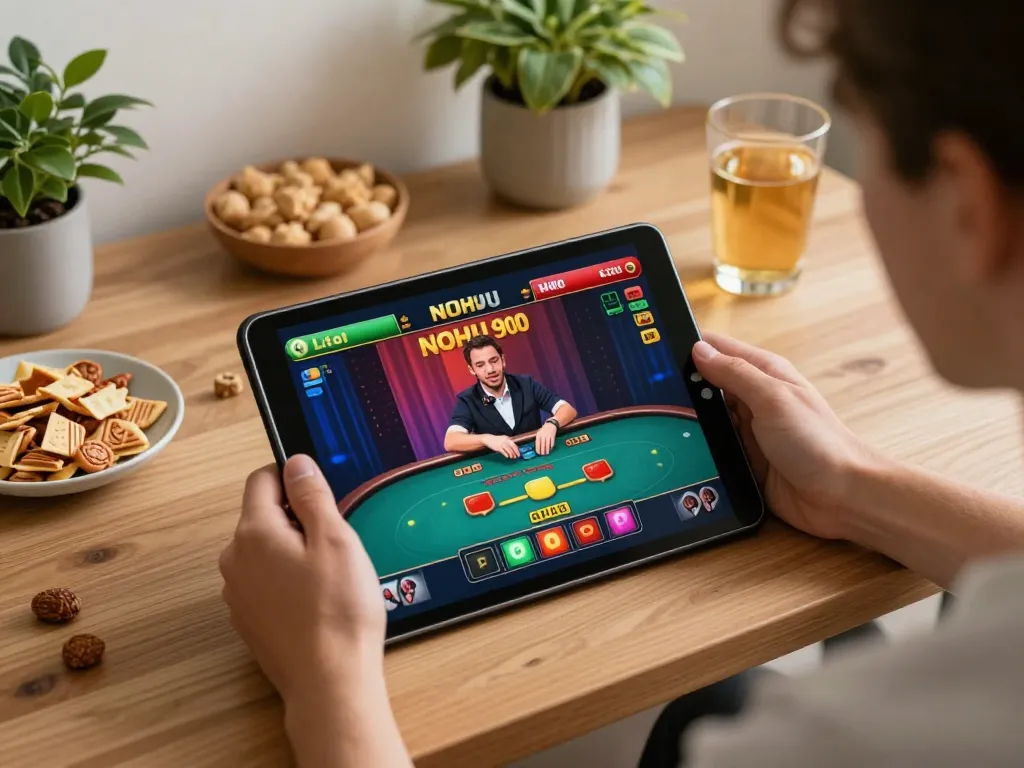 Engaging with NOHU90 on a tablet while enjoying a cozy home setup for online wagering