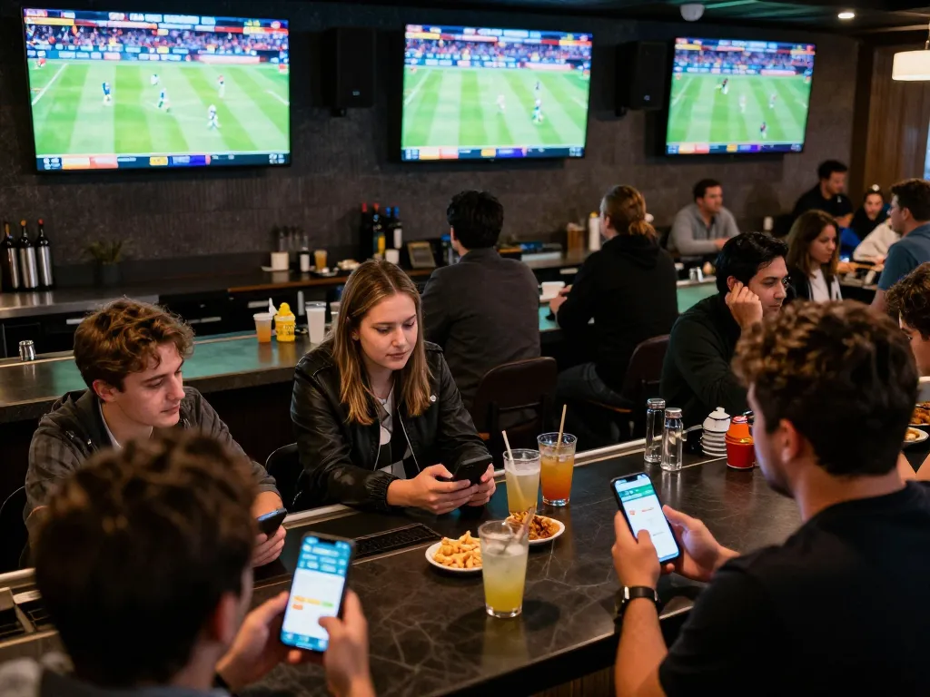 Betting action at a lively sports bar for ok365, with screens and enthusiastic gamblers.