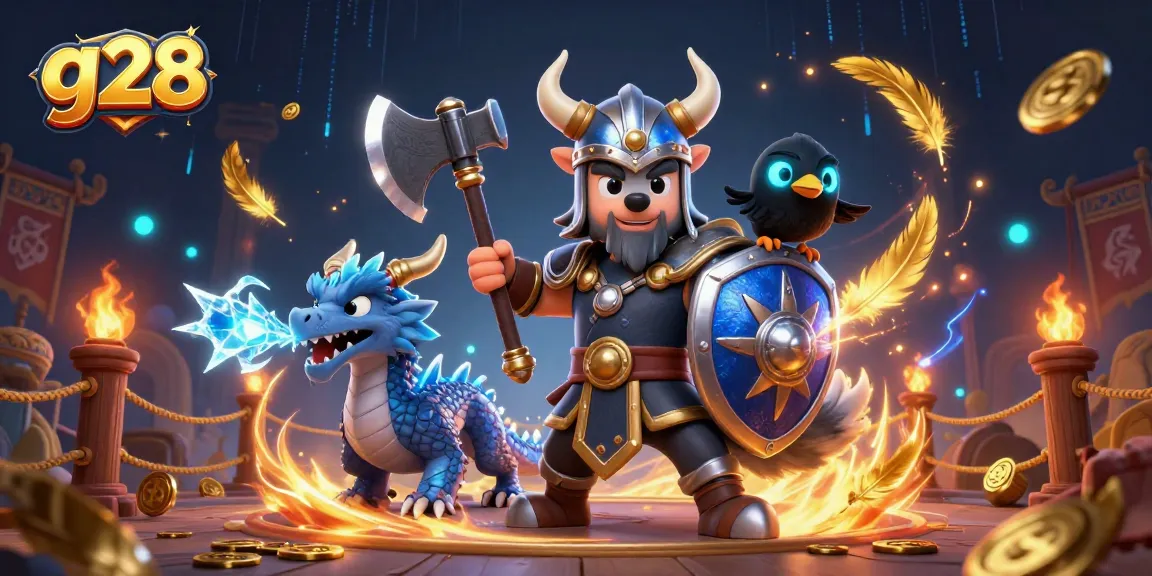 Join the g28 Viking warrior in a vibrant casino battle scene filled with exciting betting tokens.