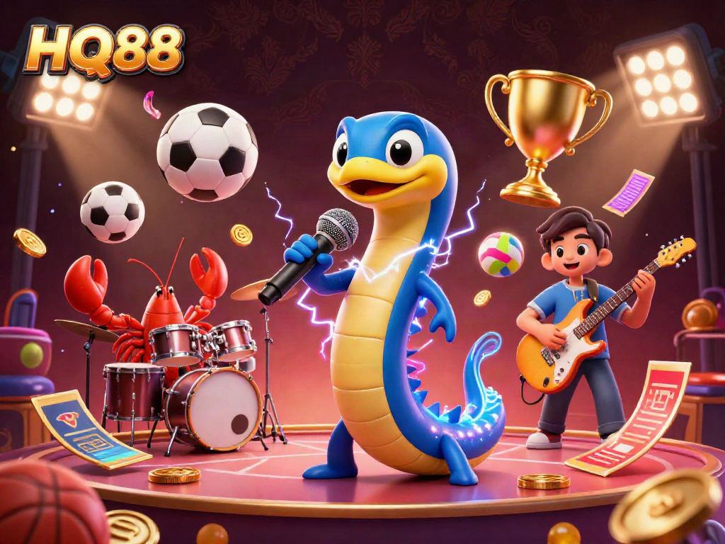 HQ88 showcases a vibrant underwater casino stage featuring an electric eel DJ and band delivering a thrilling performance.
