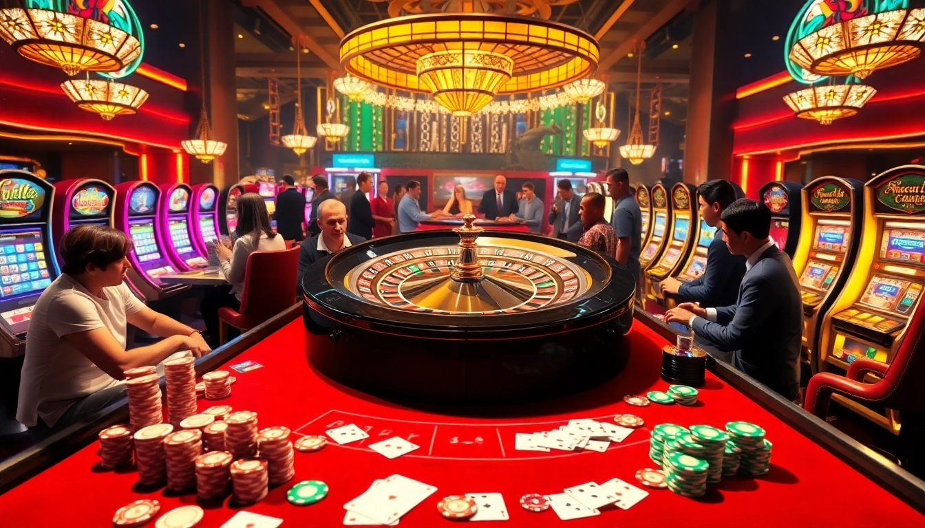 Experience excitement with luck8 at a vibrant casino featuring roulette and players.